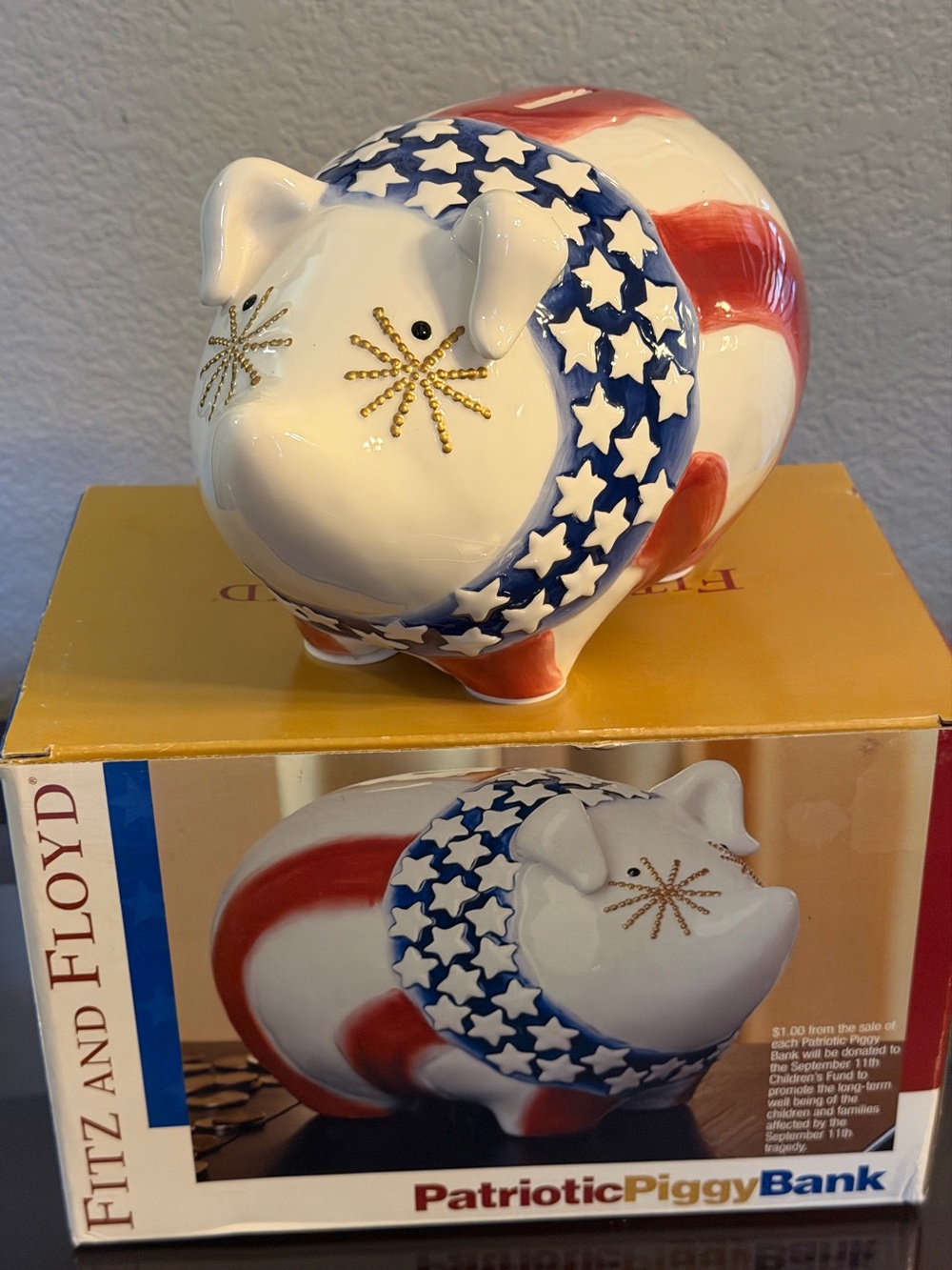 Ceramic Fitz & Floyd Essentials Patriotic Pig Piggy Bank Red White & Blue In Box